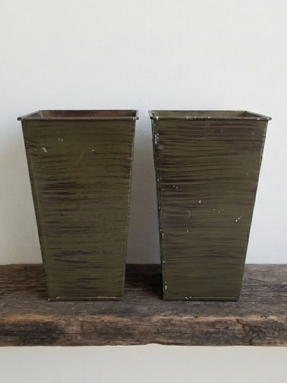 Vintage Metal Vases Planters Set of 2 Rectangular Tapered Industrial Rustic 8.5"